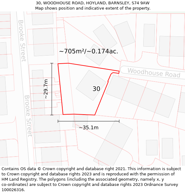 30, WOODHOUSE ROAD, HOYLAND, BARNSLEY, S74 9AW: Plot and title map