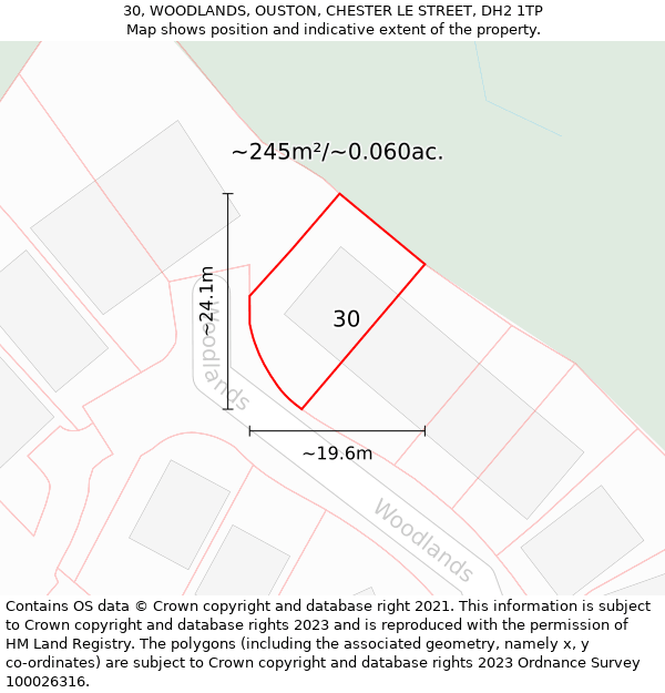 30, WOODLANDS, OUSTON, CHESTER LE STREET, DH2 1TP: Plot and title map