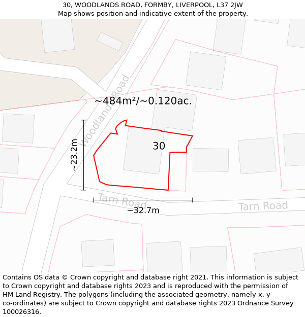 30, WOODLANDS ROAD, FORMBY, LIVERPOOL, L37 2JW: Plot and title map