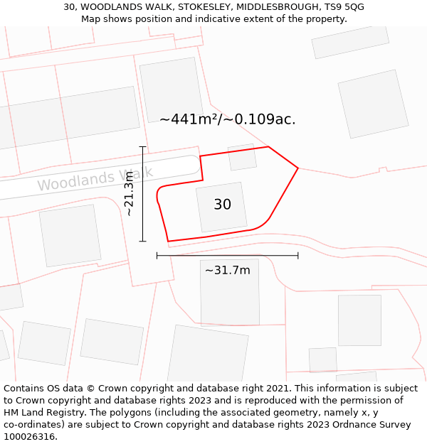 30, WOODLANDS WALK, STOKESLEY, MIDDLESBROUGH, TS9 5QG: Plot and title map