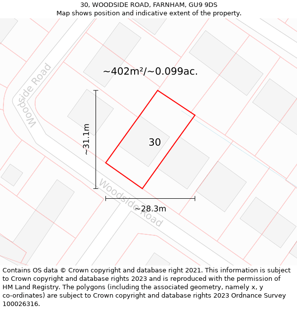 30, WOODSIDE ROAD, FARNHAM, GU9 9DS: Plot and title map