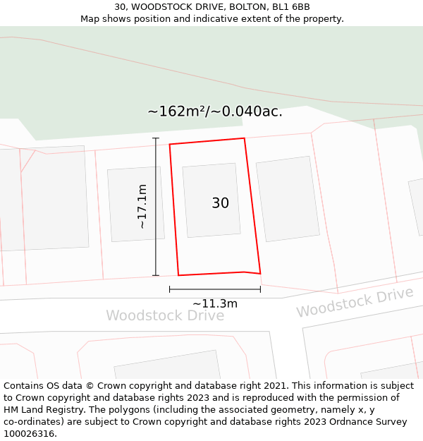 30, WOODSTOCK DRIVE, BOLTON, BL1 6BB: Plot and title map