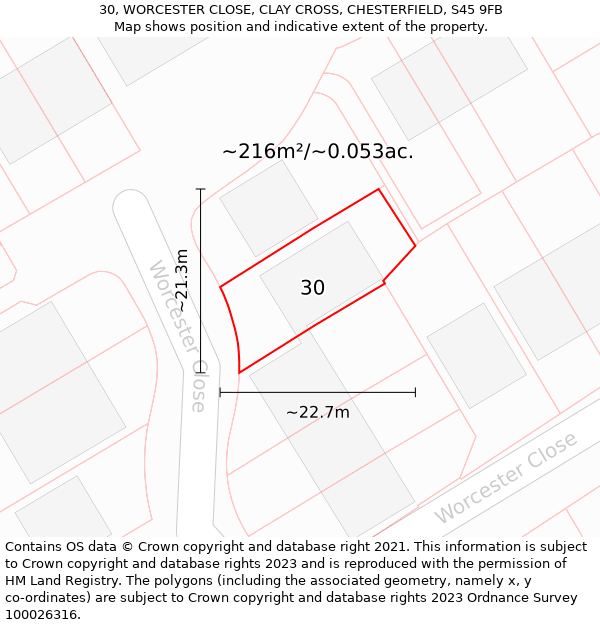 30, WORCESTER CLOSE, CLAY CROSS, CHESTERFIELD, S45 9FB: Plot and title map