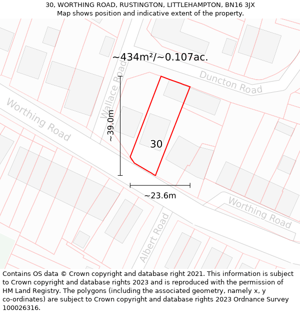 30, WORTHING ROAD, RUSTINGTON, LITTLEHAMPTON, BN16 3JX: Plot and title map