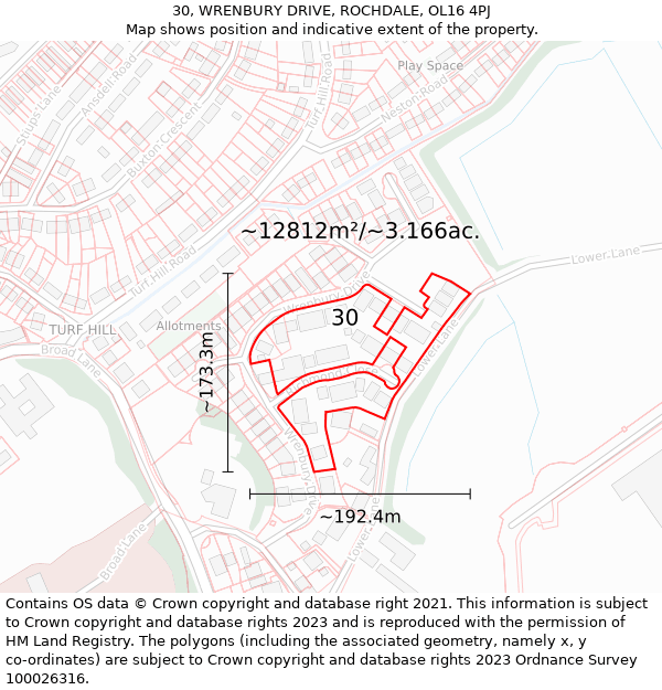 30, WRENBURY DRIVE, ROCHDALE, OL16 4PJ: Plot and title map