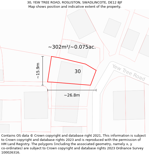 30, YEW TREE ROAD, ROSLISTON, SWADLINCOTE, DE12 8JF: Plot and title map