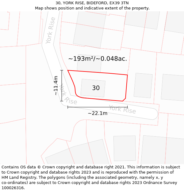 30, YORK RISE, BIDEFORD, EX39 3TN: Plot and title map