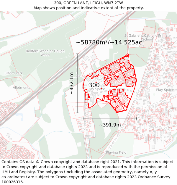 300, GREEN LANE, LEIGH, WN7 2TW: Plot and title map