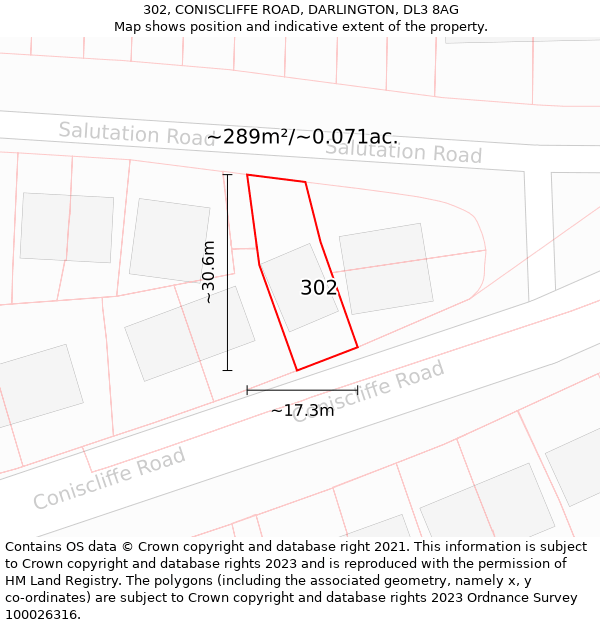 302, CONISCLIFFE ROAD, DARLINGTON, DL3 8AG: Plot and title map