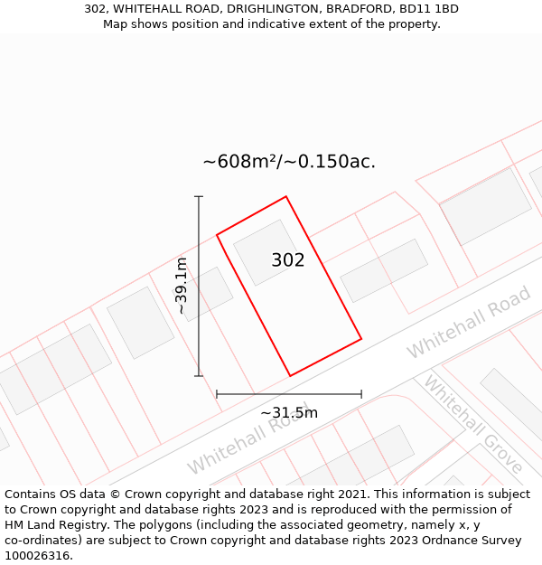 302, WHITEHALL ROAD, DRIGHLINGTON, BRADFORD, BD11 1BD: Plot and title map