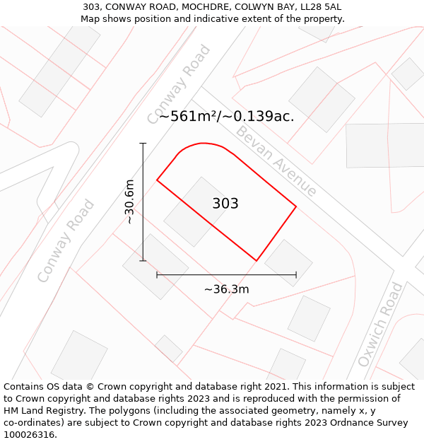 303, CONWAY ROAD, MOCHDRE, COLWYN BAY, LL28 5AL: Plot and title map