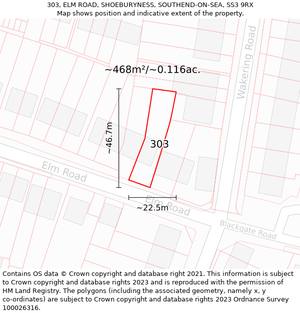 303, ELM ROAD, SHOEBURYNESS, SOUTHEND-ON-SEA, SS3 9RX: Plot and title map