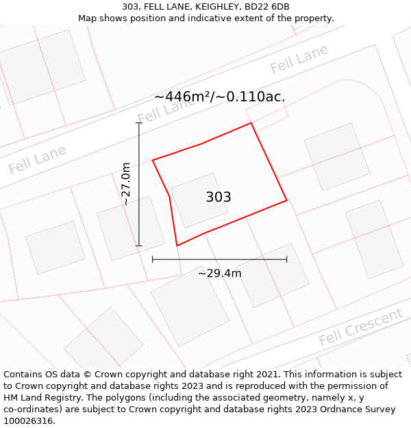 303, FELL LANE, KEIGHLEY, BD22 6DB: Plot and title map