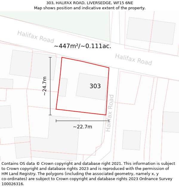 303, HALIFAX ROAD, LIVERSEDGE, WF15 6NE: Plot and title map