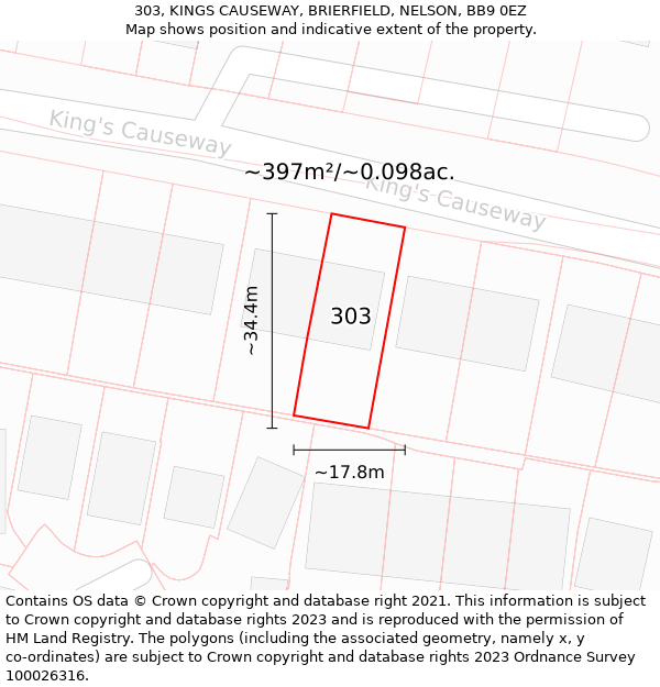 303, KINGS CAUSEWAY, BRIERFIELD, NELSON, BB9 0EZ: Plot and title map