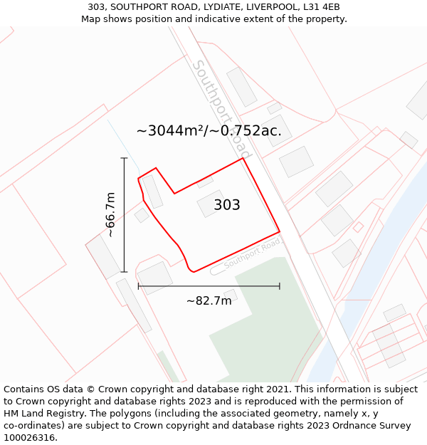 303, SOUTHPORT ROAD, LYDIATE, LIVERPOOL, L31 4EB: Plot and title map
