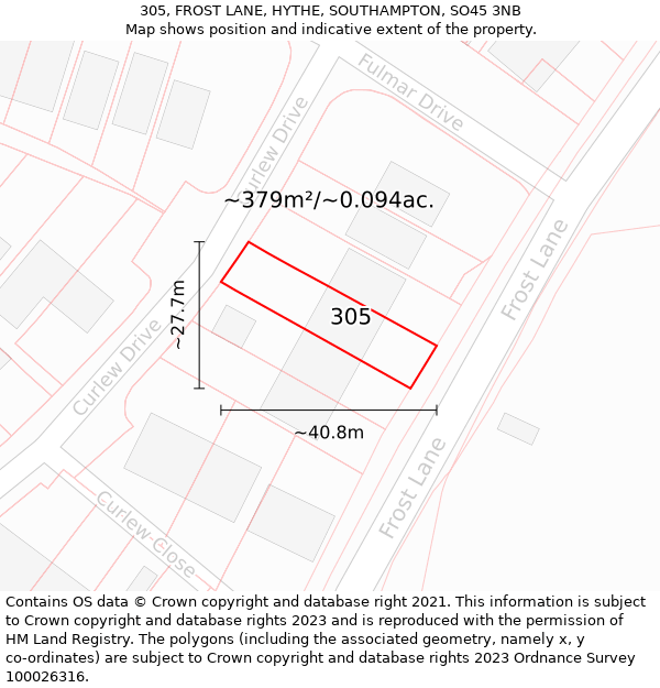 305, FROST LANE, HYTHE, SOUTHAMPTON, SO45 3NB: Plot and title map