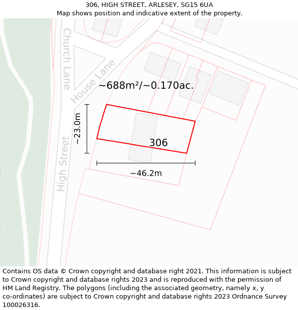 306, HIGH STREET, ARLESEY, SG15 6UA: Plot and title map