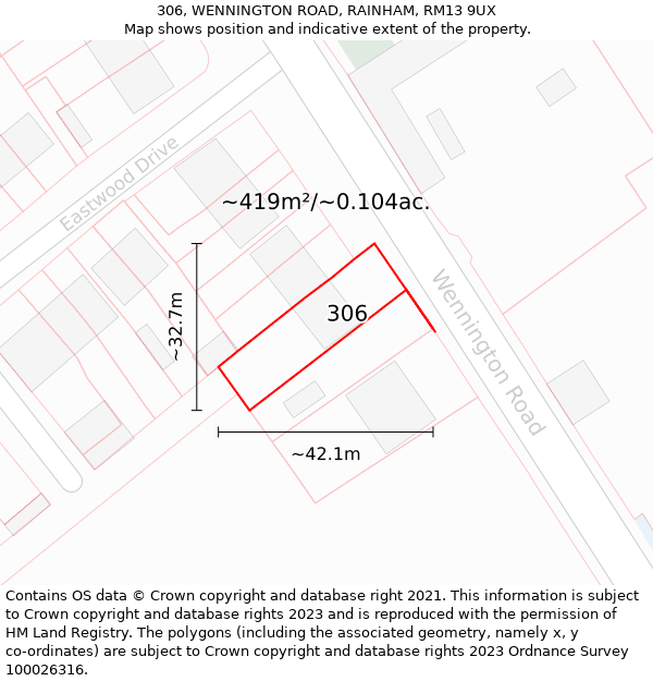 306, WENNINGTON ROAD, RAINHAM, RM13 9UX: Plot and title map