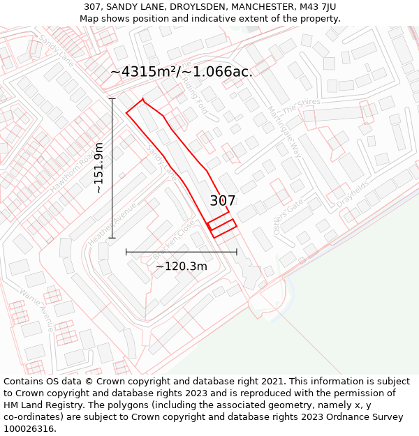 307, SANDY LANE, DROYLSDEN, MANCHESTER, M43 7JU: Plot and title map