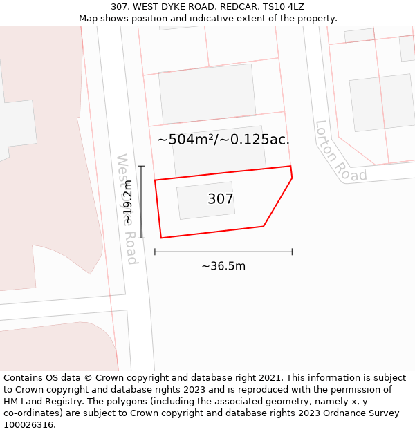307, WEST DYKE ROAD, REDCAR, TS10 4LZ: Plot and title map