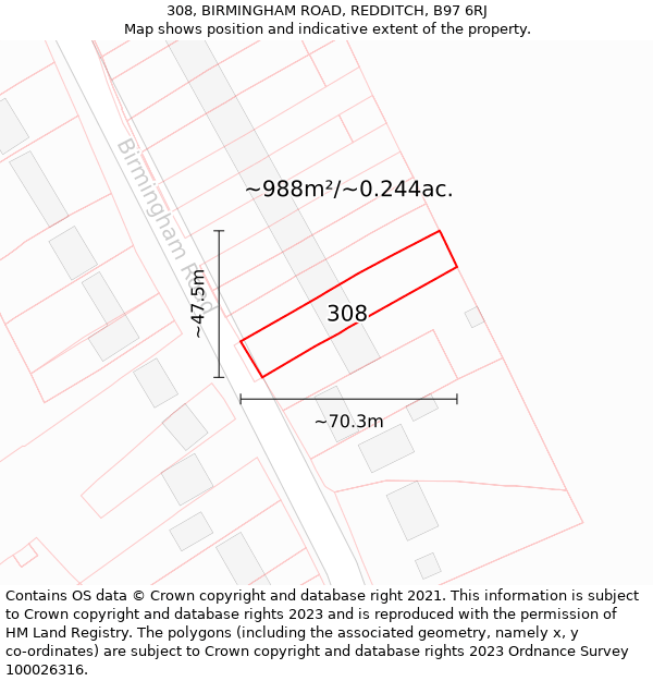 308, BIRMINGHAM ROAD, REDDITCH, B97 6RJ: Plot and title map