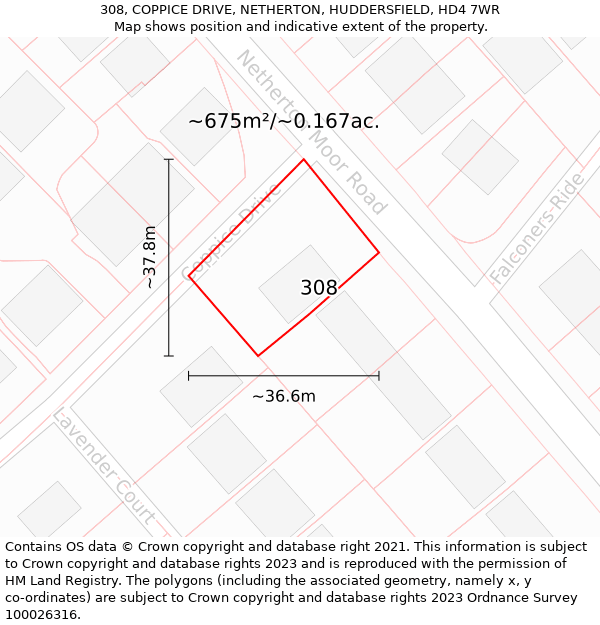 308, COPPICE DRIVE, NETHERTON, HUDDERSFIELD, HD4 7WR: Plot and title map