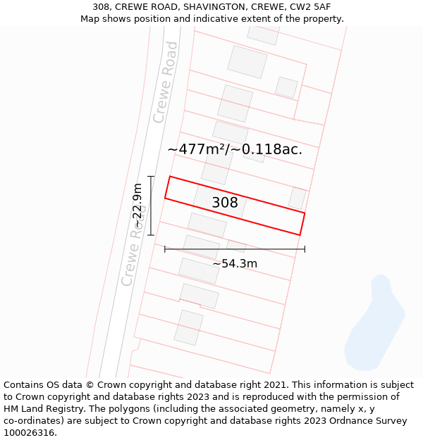 308, CREWE ROAD, SHAVINGTON, CREWE, CW2 5AF: Plot and title map