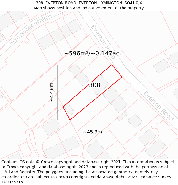 308, EVERTON ROAD, EVERTON, LYMINGTON, SO41 0JX: Plot and title map