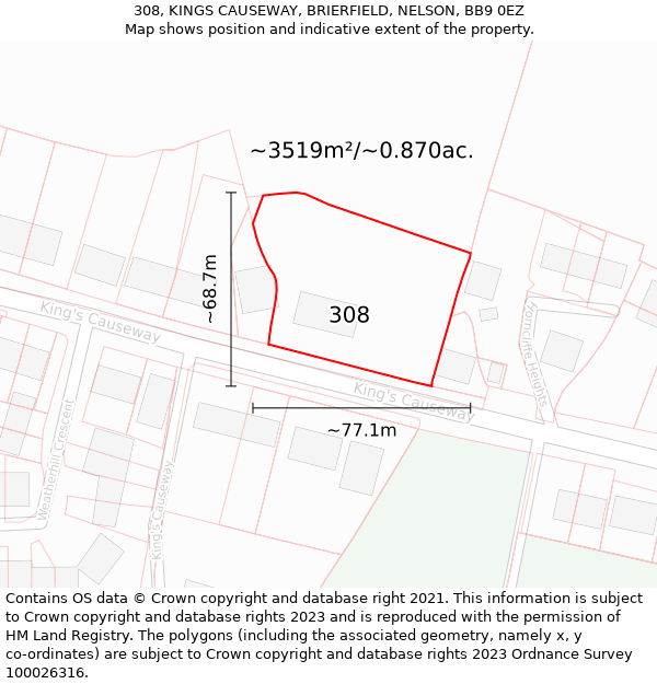 308, KINGS CAUSEWAY, BRIERFIELD, NELSON, BB9 0EZ: Plot and title map