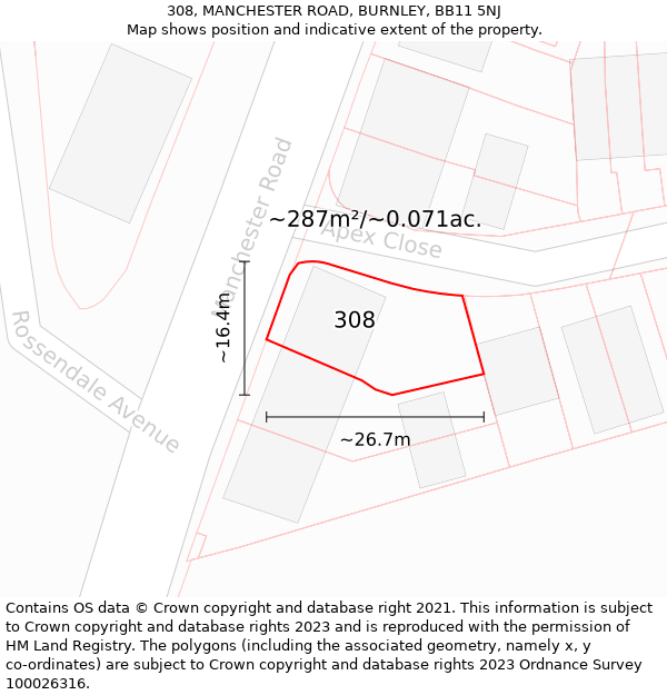 308, MANCHESTER ROAD, BURNLEY, BB11 5NJ: Plot and title map
