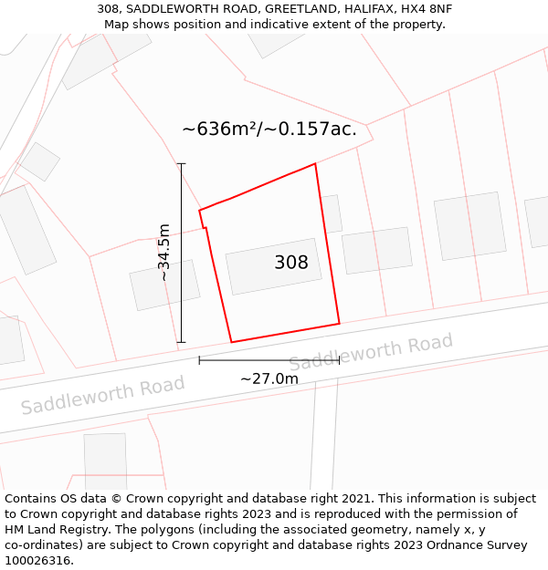 308, SADDLEWORTH ROAD, GREETLAND, HALIFAX, HX4 8NF: Plot and title map