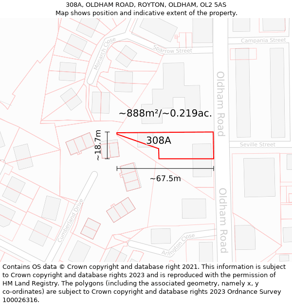 308A, OLDHAM ROAD, ROYTON, OLDHAM, OL2 5AS: Plot and title map