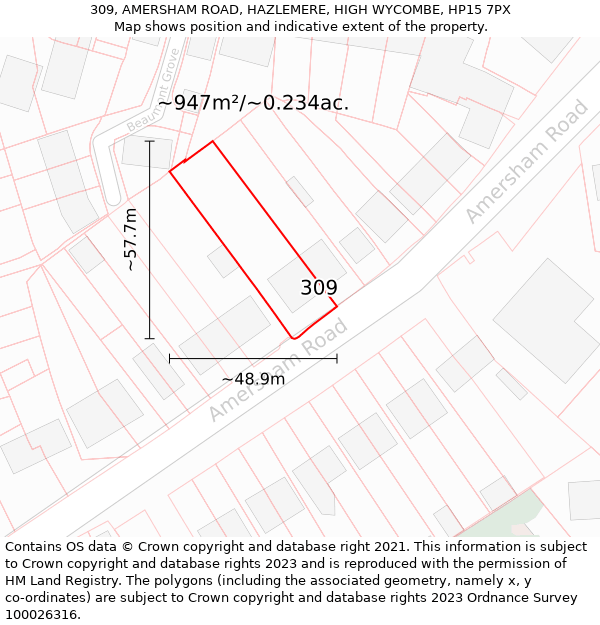 309, AMERSHAM ROAD, HAZLEMERE, HIGH WYCOMBE, HP15 7PX: Plot and title map