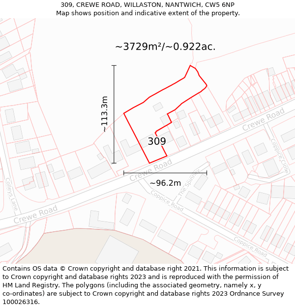 309, CREWE ROAD, WILLASTON, NANTWICH, CW5 6NP: Plot and title map