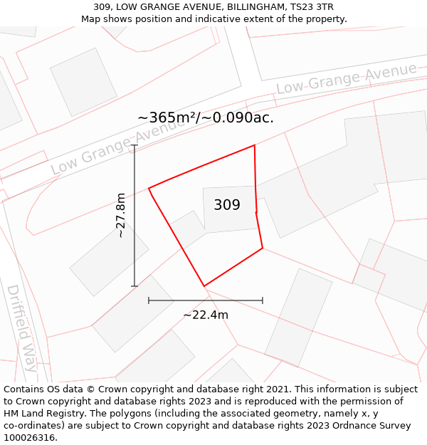 309, LOW GRANGE AVENUE, BILLINGHAM, TS23 3TR: Plot and title map