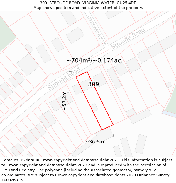 309, STROUDE ROAD, VIRGINIA WATER, GU25 4DE: Plot and title map