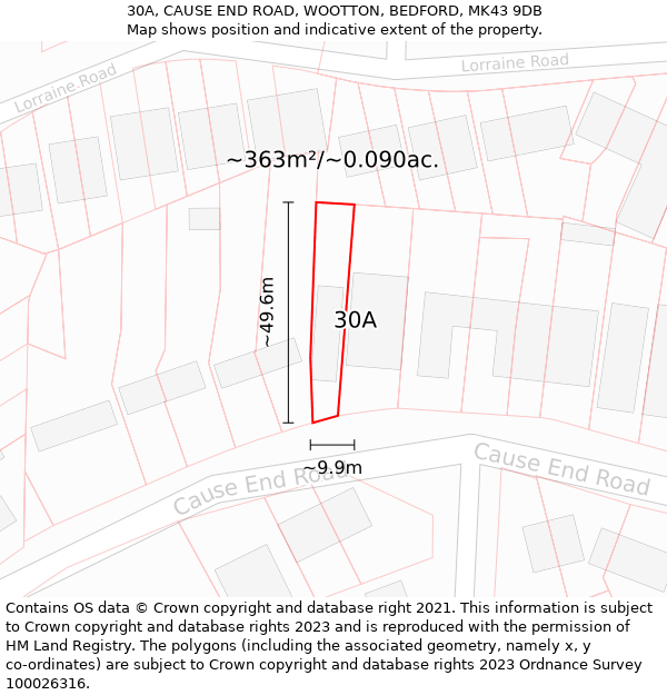 30A, CAUSE END ROAD, WOOTTON, BEDFORD, MK43 9DB: Plot and title map