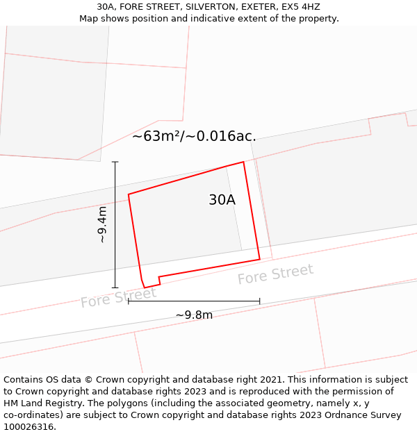30A, FORE STREET, SILVERTON, EXETER, EX5 4HZ: Plot and title map