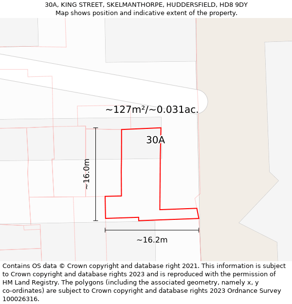 30A, KING STREET, SKELMANTHORPE, HUDDERSFIELD, HD8 9DY: Plot and title map