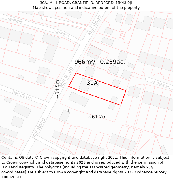 30A, MILL ROAD, CRANFIELD, BEDFORD, MK43 0JL: Plot and title map