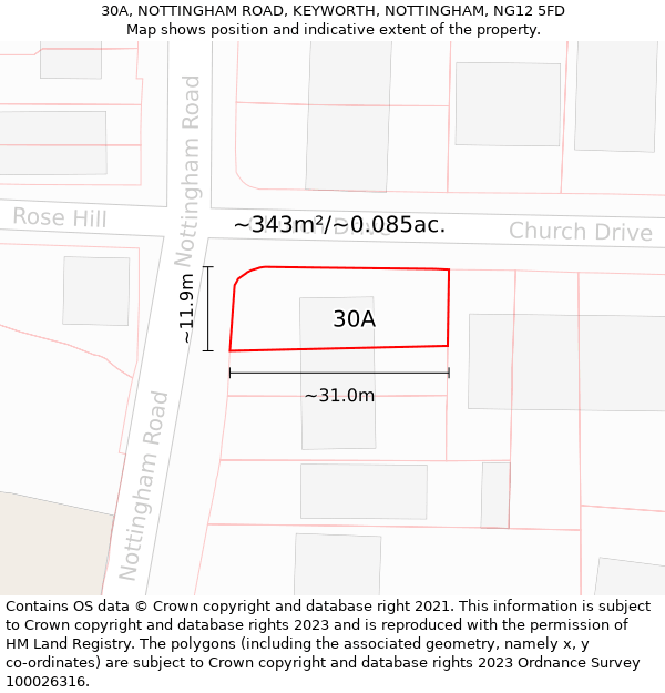 30A, NOTTINGHAM ROAD, KEYWORTH, NOTTINGHAM, NG12 5FD: Plot and title map