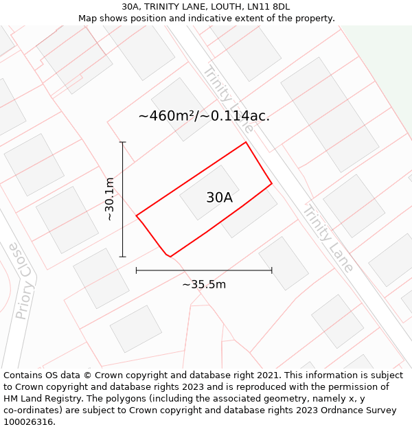 30A, TRINITY LANE, LOUTH, LN11 8DL: Plot and title map