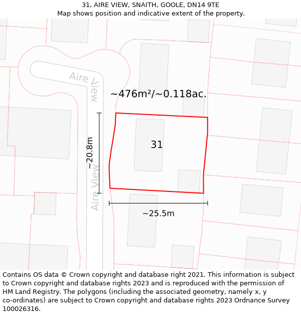 31, AIRE VIEW, SNAITH, GOOLE, DN14 9TE: Plot and title map