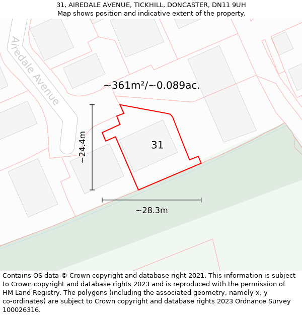 31, AIREDALE AVENUE, TICKHILL, DONCASTER, DN11 9UH: Plot and title map