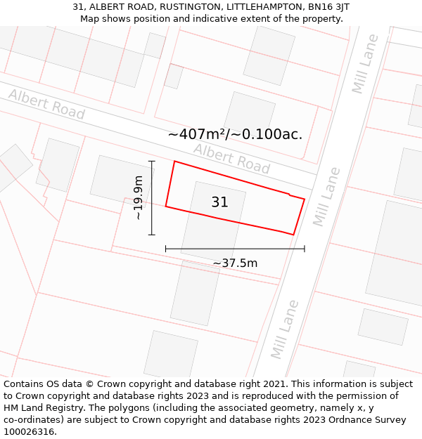 31, ALBERT ROAD, RUSTINGTON, LITTLEHAMPTON, BN16 3JT: Plot and title map