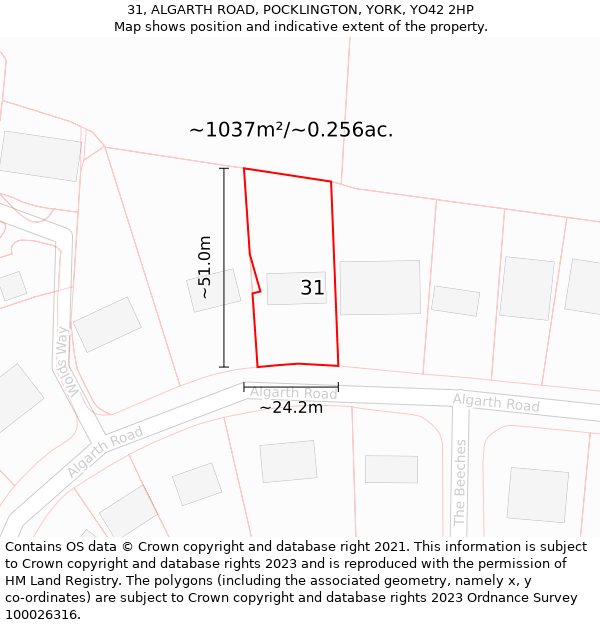 31, ALGARTH ROAD, POCKLINGTON, YORK, YO42 2HP: Plot and title map