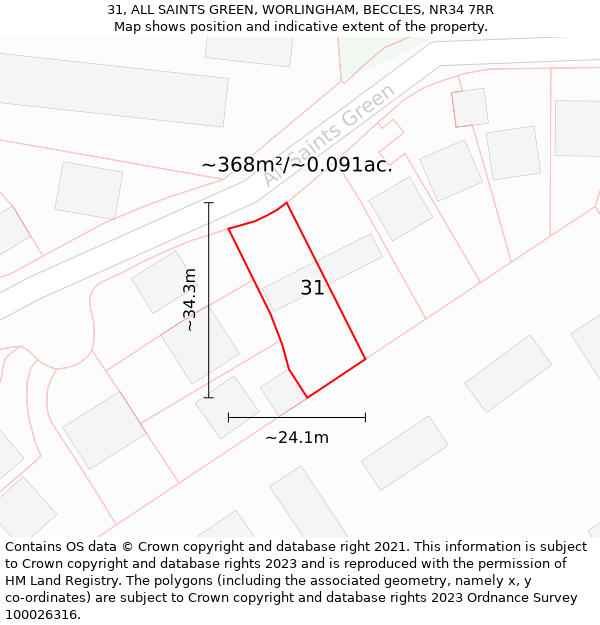 31, ALL SAINTS GREEN, WORLINGHAM, BECCLES, NR34 7RR: Plot and title map