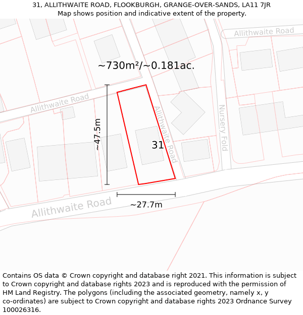 31, ALLITHWAITE ROAD, FLOOKBURGH, GRANGE-OVER-SANDS, LA11 7JR: Plot and title map