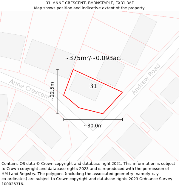 31, ANNE CRESCENT, BARNSTAPLE, EX31 3AF: Plot and title map